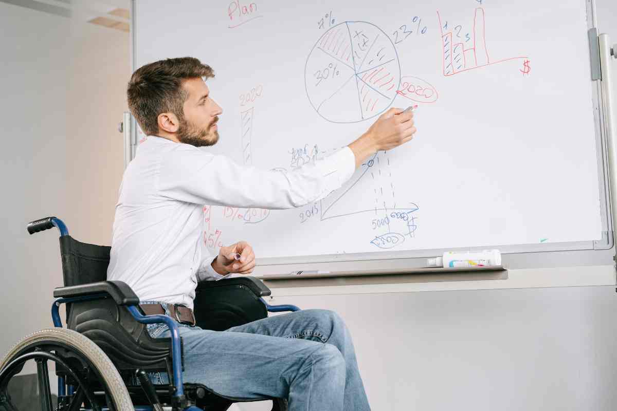 disabile alla lavagna mostra dei grafici