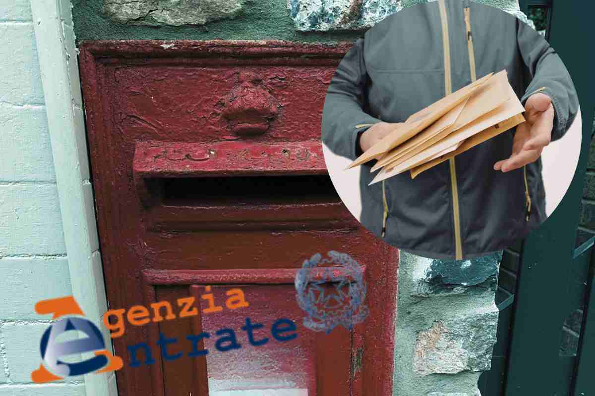 nel cerchio una persona con lettere in mano, sullo sfondo una cassetta delle lettere e davanti logo agenzia delle entrate