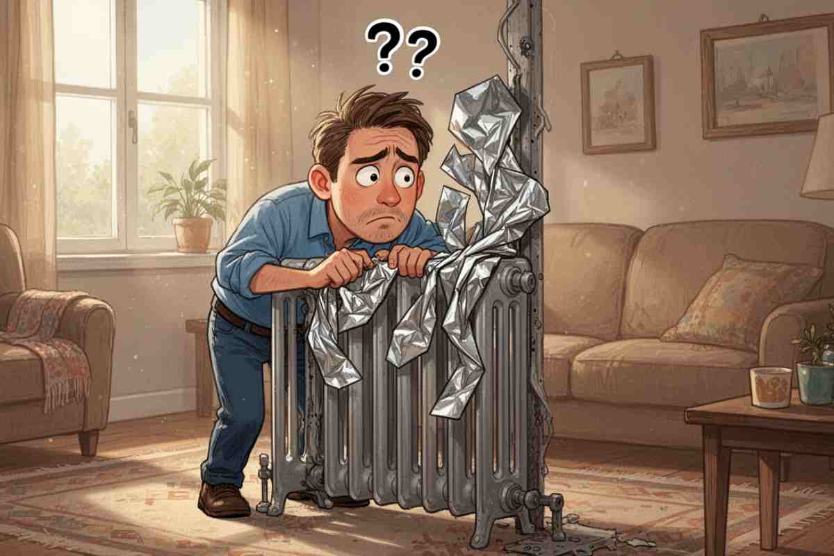 uomo mette la carta stagnola dietro ai termosifoni con degli interrogativi in testa, immagine grafica