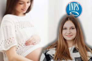 donna incinta, un'altra sorridente e logo inps